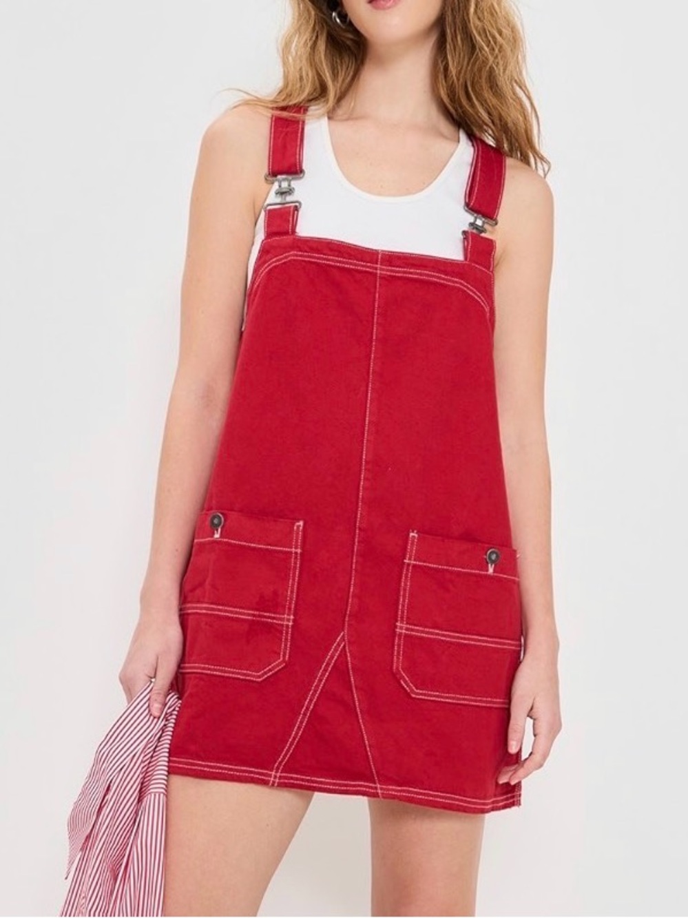 Free People Red Denim Pinafore Mini Dress